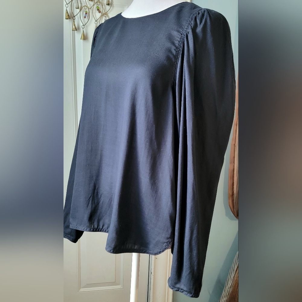 Rebecca Taylor Balloon Sleeve Tencel® Lyocell Drape Blouse Womens L Midnight Blu